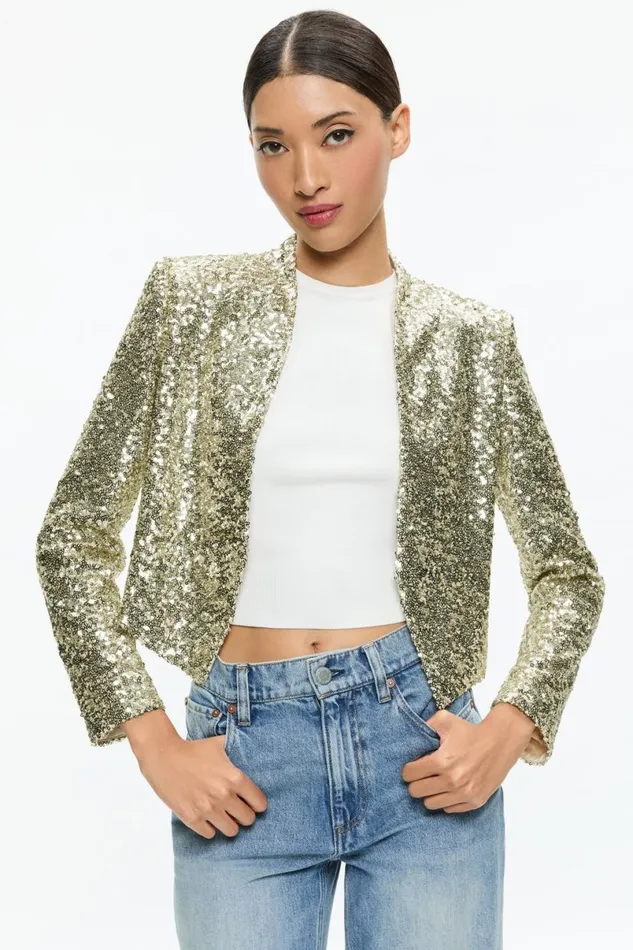 Alice Olivia New Harvey Sequin Open Front Jacket Pale Gold Women Outerwear