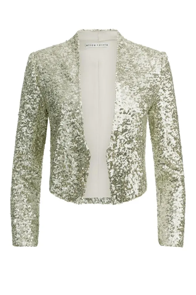 Alice Olivia New Harvey Sequin Open Front Jacket Pale Gold Women Outerwear