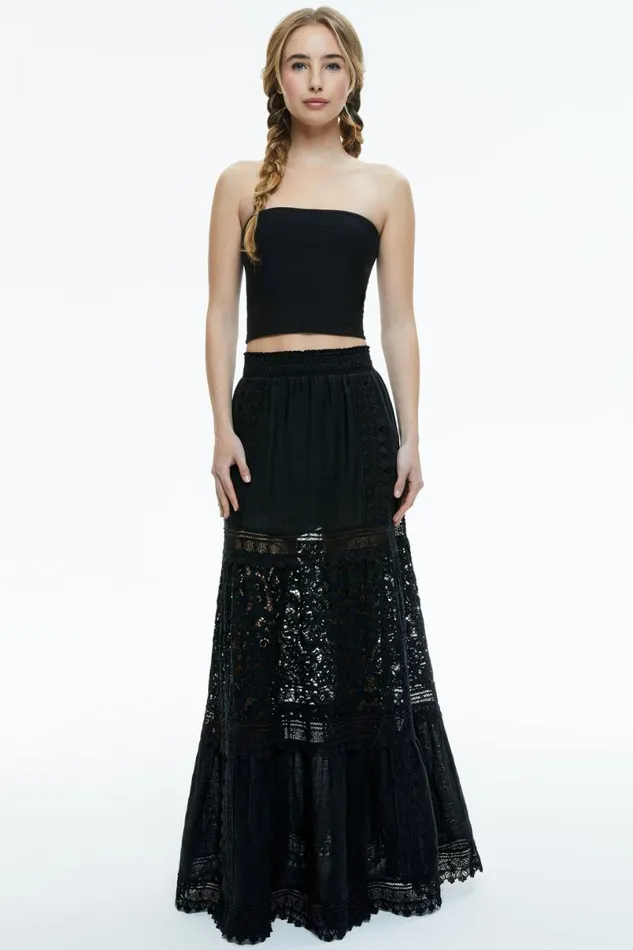 Alice Olivia Reise Embroidered Tiered Maxi Skirt Black Women Skirts