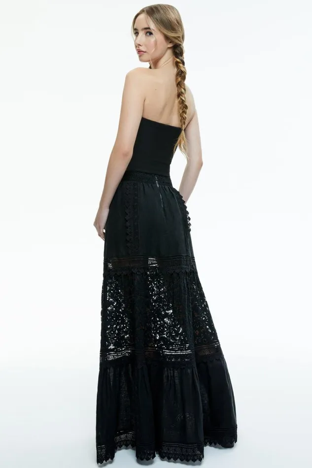 Alice Olivia Reise Embroidered Tiered Maxi Skirt Black Women Skirts
