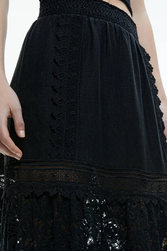 Alice Olivia Reise Embroidered Tiered Maxi Skirt Black Women Skirts