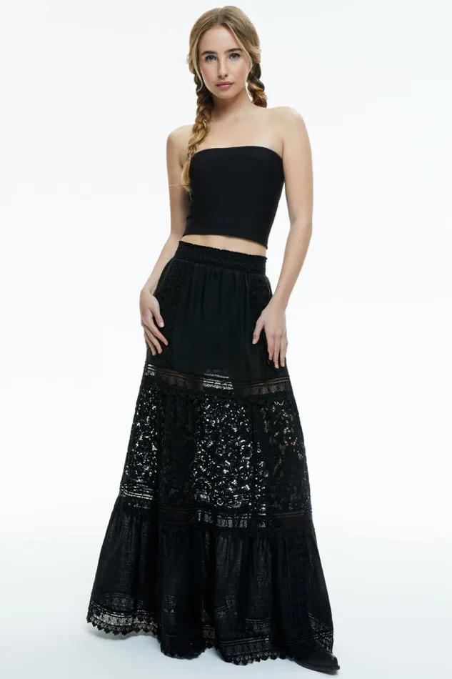 Alice Olivia Reise Embroidered Tiered Maxi Skirt Black Women Skirts