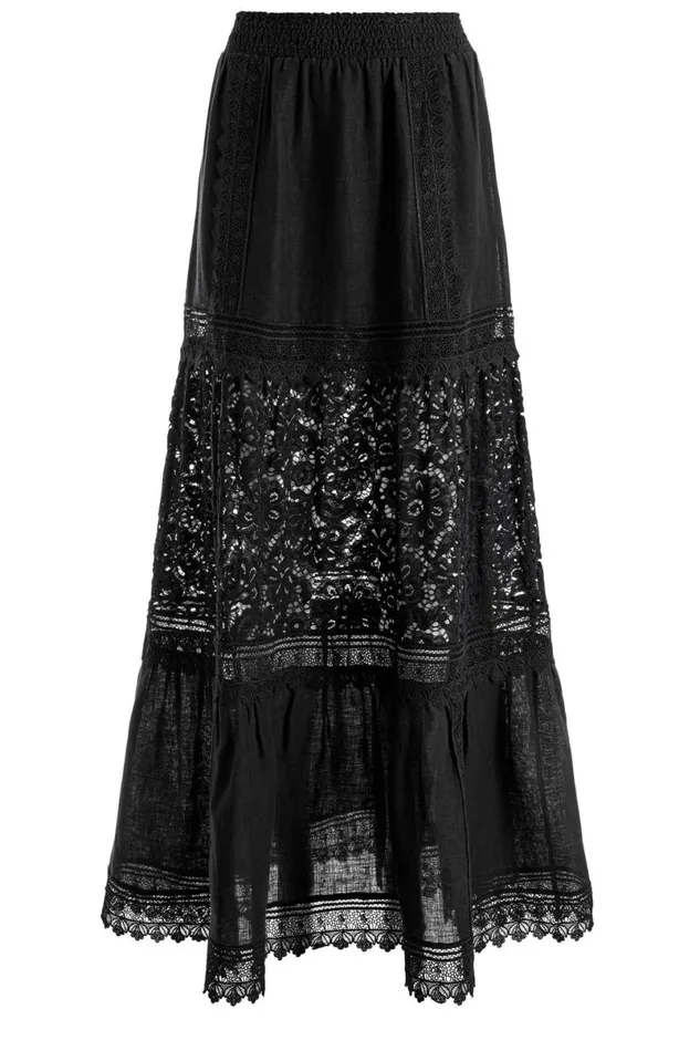Alice Olivia Reise Embroidered Tiered Maxi Skirt Black Women Skirts