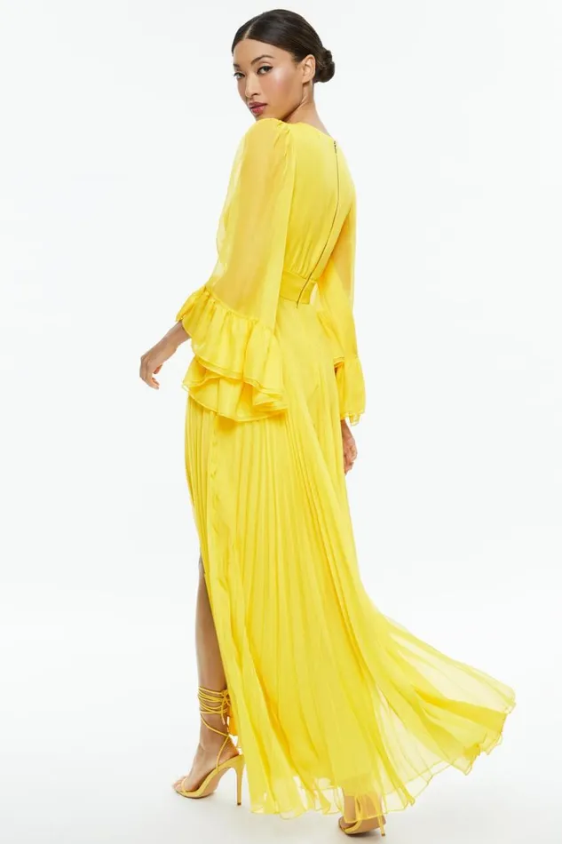 Alice Olivia Selene Deep V Neck Pleated Maxi Dress Happy Yellow Women Dresses