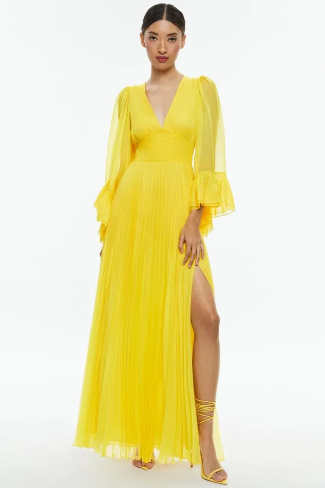 Alice Olivia Selene Deep V Neck Pleated Maxi Dress Happy Yellow Women Dresses