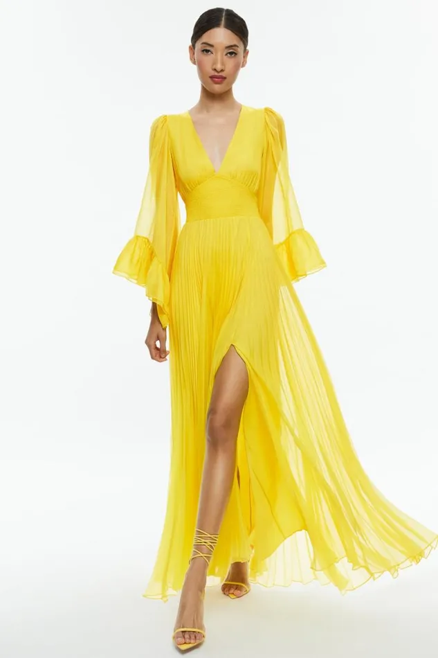 Alice Olivia Selene Deep V Neck Pleated Maxi Dress Happy Yellow Women Dresses