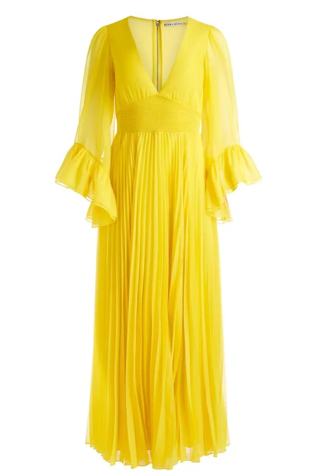 Alice Olivia Selene Deep V Neck Pleated Maxi Dress Happy Yellow Women Dresses