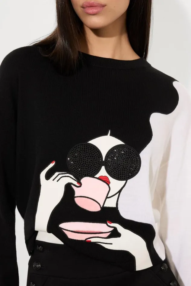 Alice Olivia Staceface Pullover Blacksoft White Multi Women Sweaters