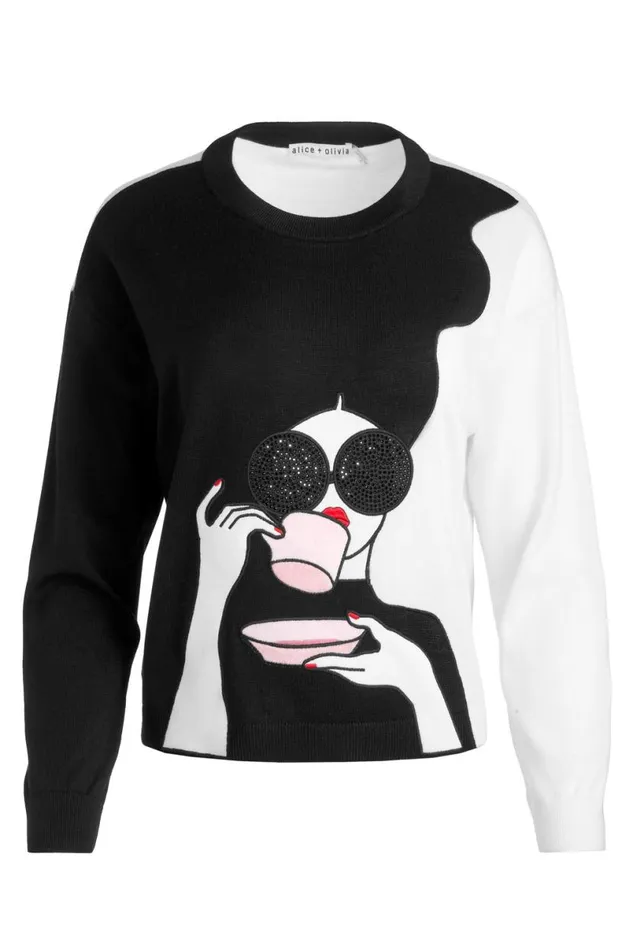 Alice Olivia Staceface Pullover Blacksoft White Multi Women Sweaters