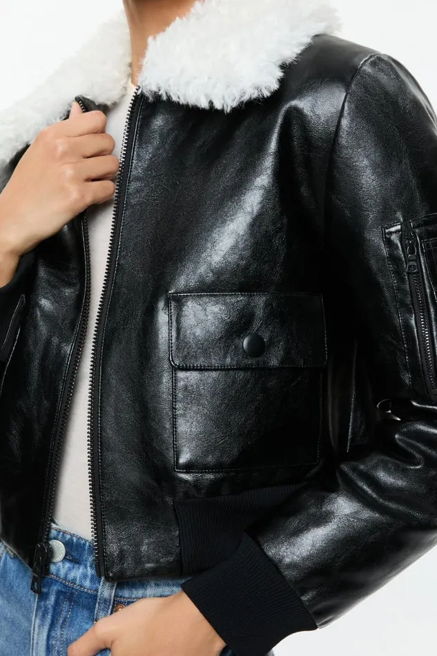 Alice Olivia Willard Vegan Bomber Black Women Outerwear