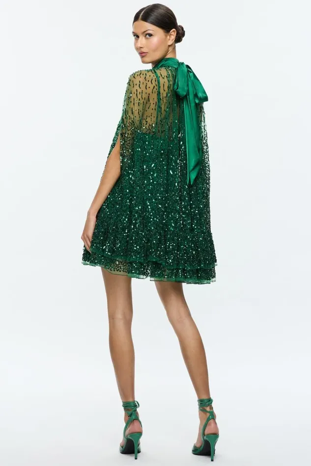 Alice Olivia Zenon Cape Mini Dress Forest Green Women Dresses