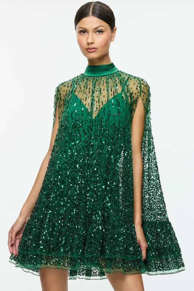 Alice Olivia Zenon Cape Mini Dress Forest Green Women Dresses