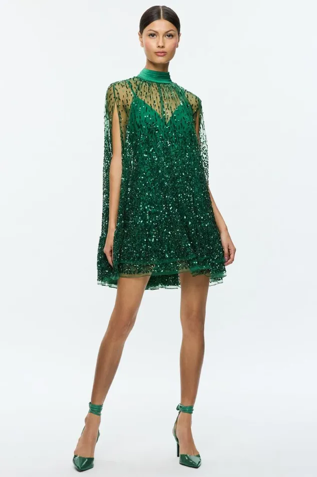 Alice Olivia Zenon Cape Mini Dress Forest Green Women Dresses