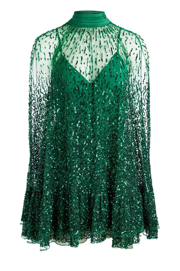 Alice Olivia Zenon Cape Mini Dress Forest Green Women Dresses