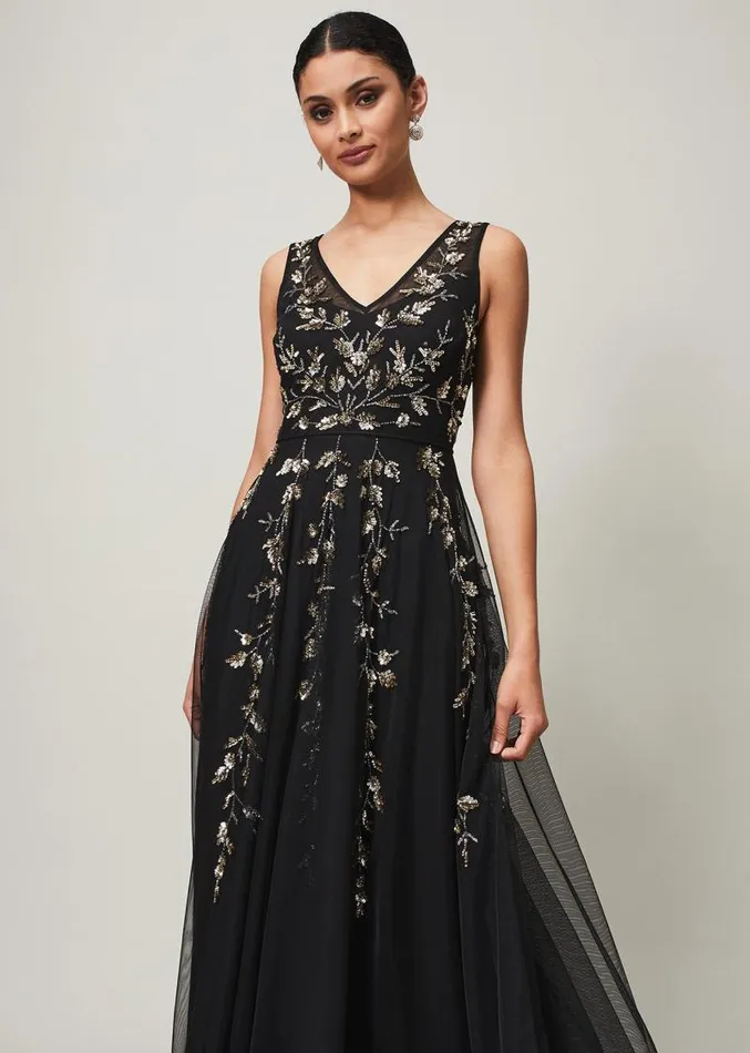 Anabella Beaded Tulle Dress Blackgold Women Phase Eight Dresses