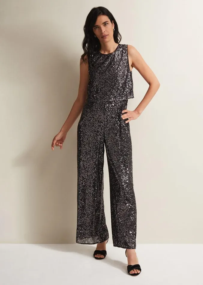 Aubrey Sequin Wide Leg Jumpsuit Gunmetal Women Phase Eight Dresses
