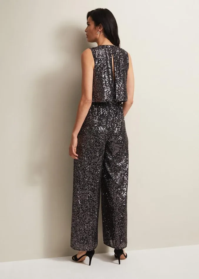 Aubrey Sequin Wide Leg Jumpsuit Gunmetal Women Phase Eight Dresses