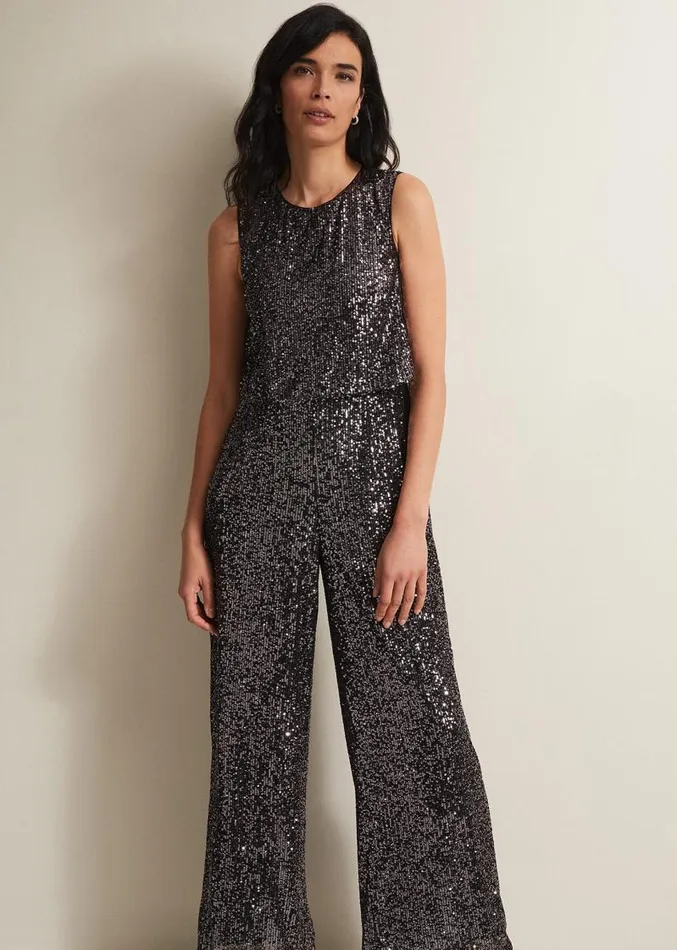 Aubrey Sequin Wide Leg Jumpsuit Gunmetal Women Phase Eight Dresses