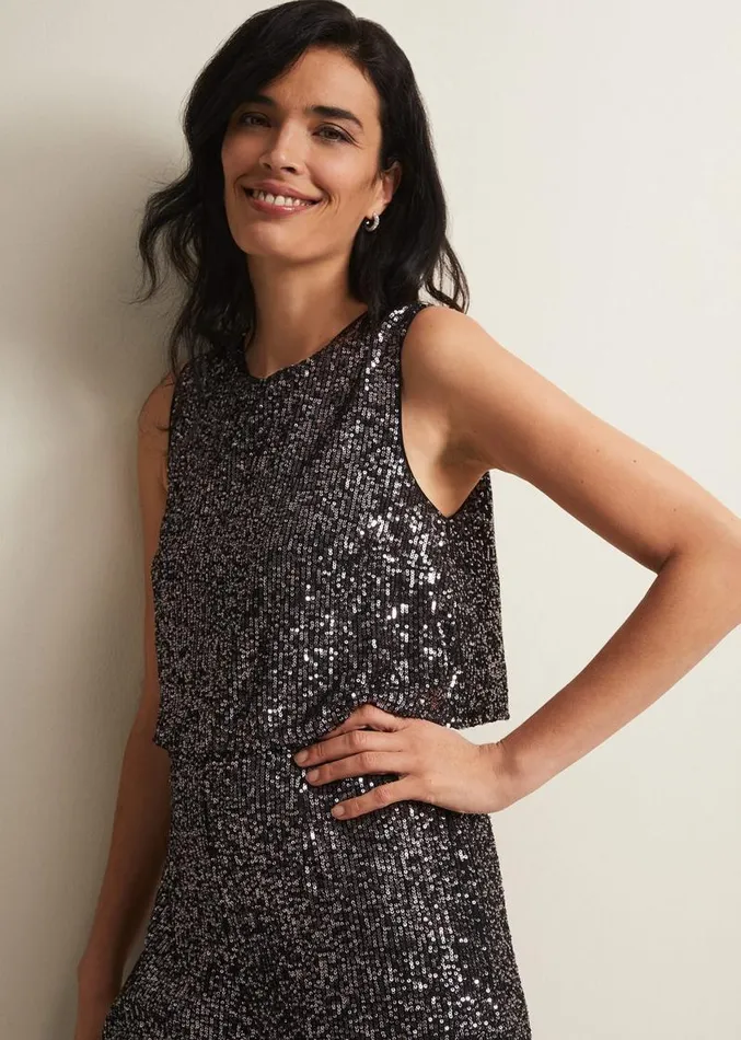 Aubrey Sequin Wide Leg Jumpsuit Gunmetal Women Phase Eight Dresses