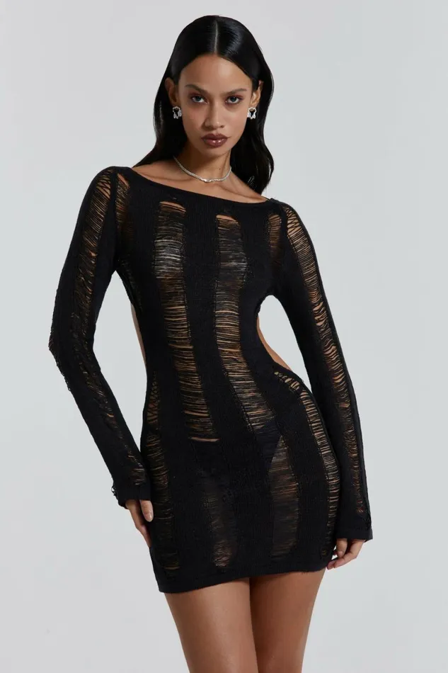 Black Umbra Shredded Mini Dress Black Women Jaded London Knitwear
