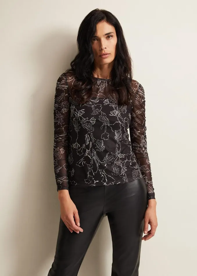 Breanna Floral Print Mesh Top Black Women Phase Eight Tops and TShirts