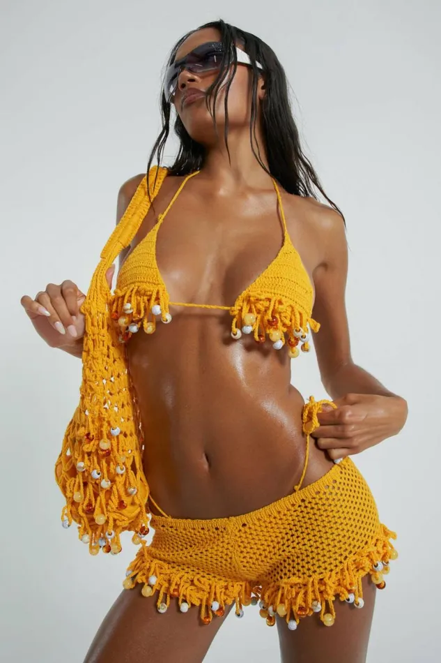 Canary Knit Shorts With Beaded Trim Yellow Women Jaded London Beach Cover Ups