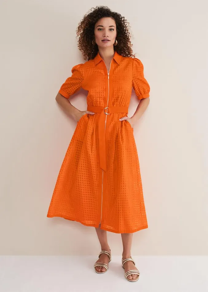 Carey Orange Checked Textured Midi Dress Orange Women Phase Eight Dresses