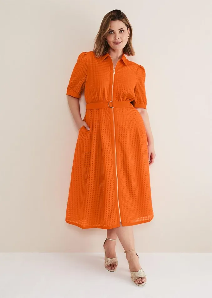 Carey Orange Checked Textured Midi Dress Orange Women Phase Eight Dresses