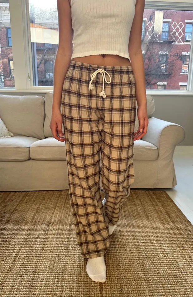 Catherine Pants Cream And Brown Plaid Women Brandy Melville Bottoms