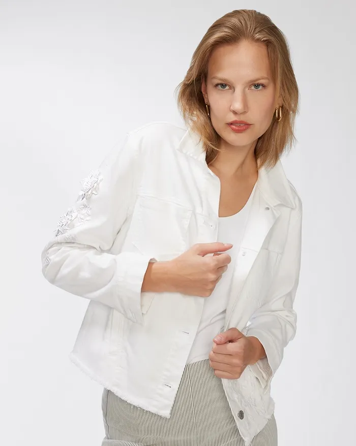 Chico039s 3D Floral Applique Denim Jacket Alabaster Women Jackets and Coats
