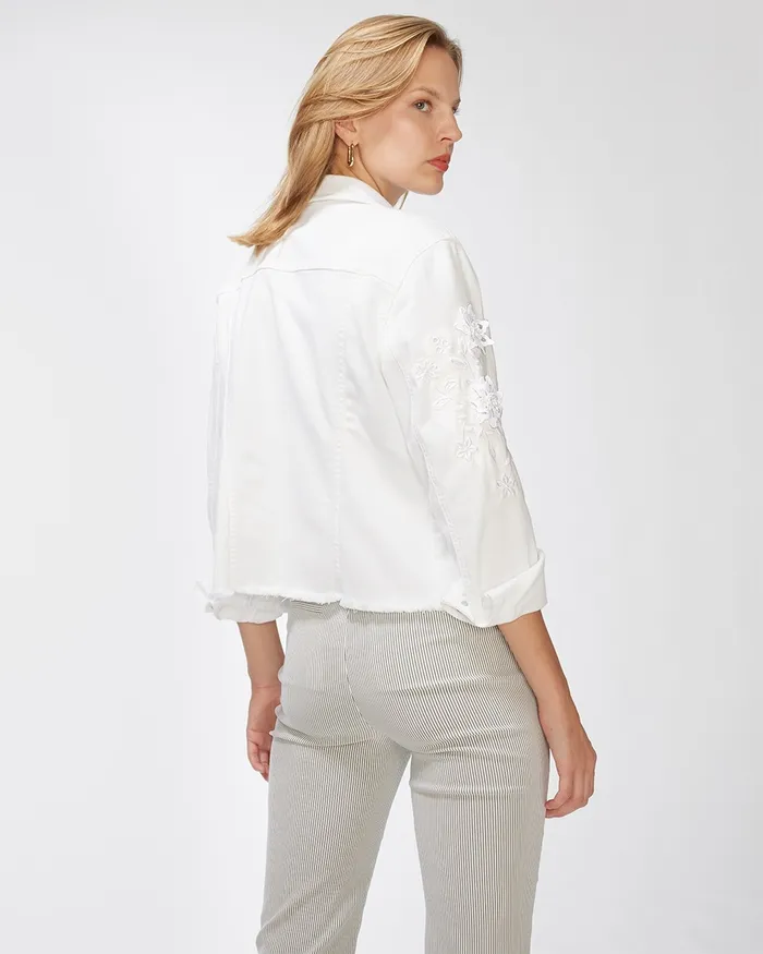Chico039s 3D Floral Applique Denim Jacket Alabaster Women Jackets and Coats