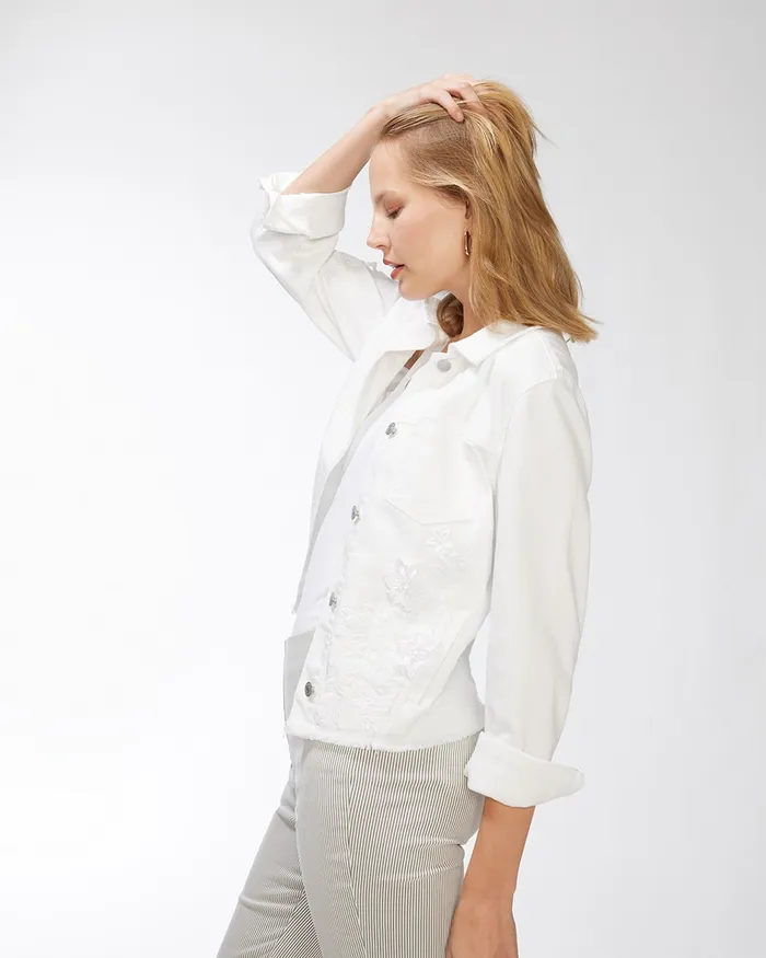 Chico039s 3D Floral Applique Denim Jacket Alabaster Women Jackets and Coats