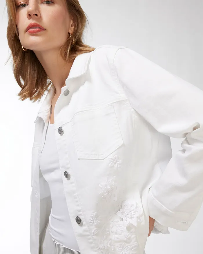 Chico039s 3D Floral Applique Denim Jacket Alabaster Women Jackets and Coats