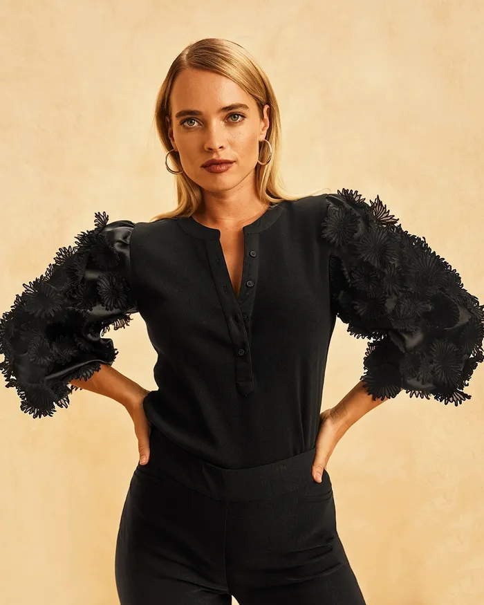 Chico039s 3D Floral Applique Sleeve Top Black Women Tops