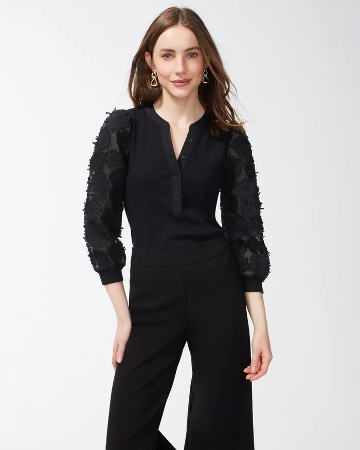 Chico039s 3D Floral Applique Sleeve Top Black Women Tops