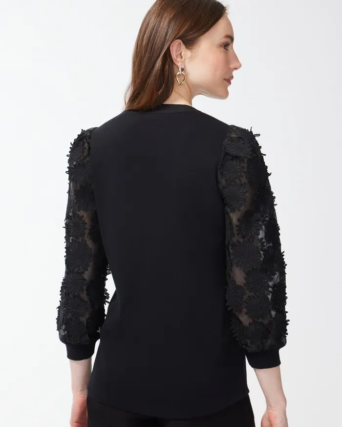Chico039s 3D Floral Applique Sleeve Top Black Women Tops