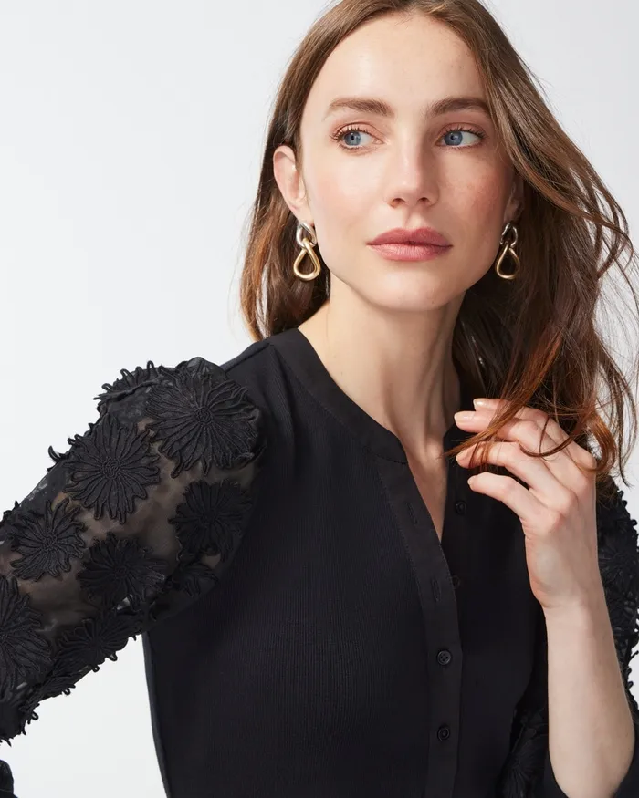 Chico039s 3D Floral Applique Sleeve Top Black Women Tops