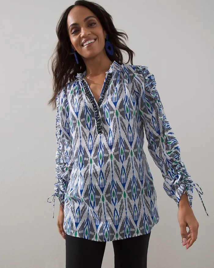 Chico039s 40th Anniversary Ikat Print Shirt Jardin Green Women Tops