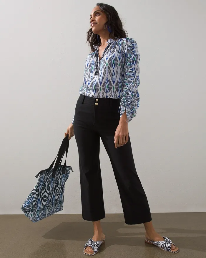 Chico039s 40th Anniversary Ikat Print Shirt Jardin Green Women Tops