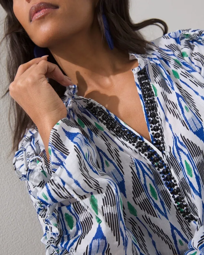 Chico039s 40th Anniversary Ikat Print Shirt Jardin Green Women Tops