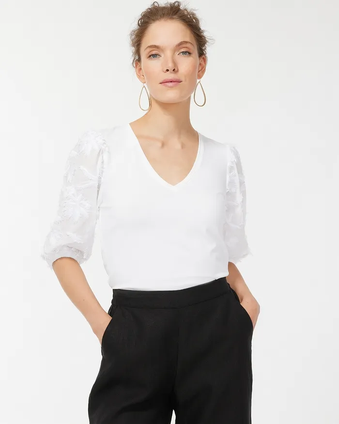 Chico039s Applique Palms Woven Sleeve Top Alabaster Women Tops