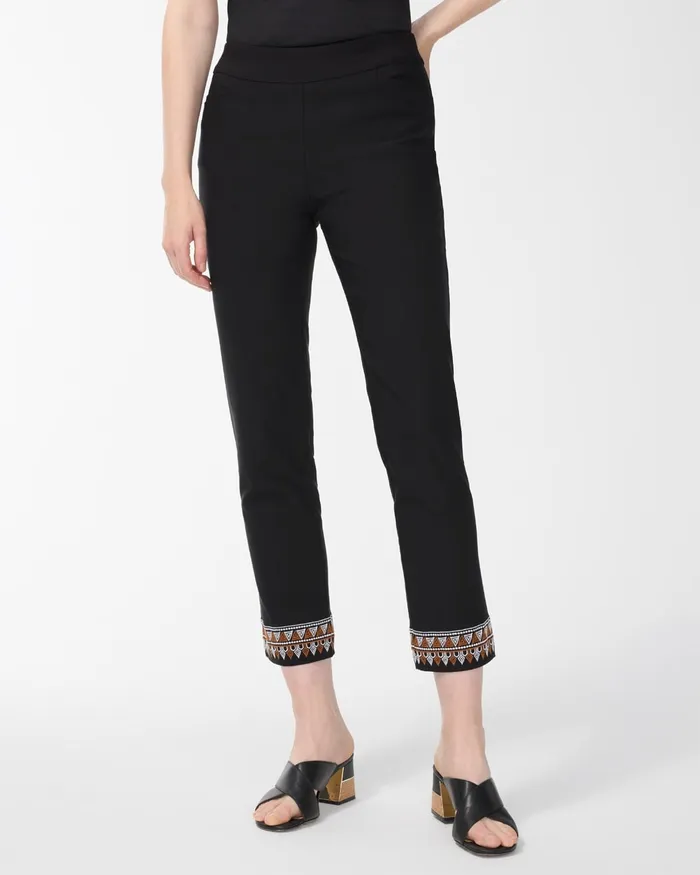 Chico039s Brigitte Embroidered Hem Ankle Pants BlackWhiteBrown Women Pants