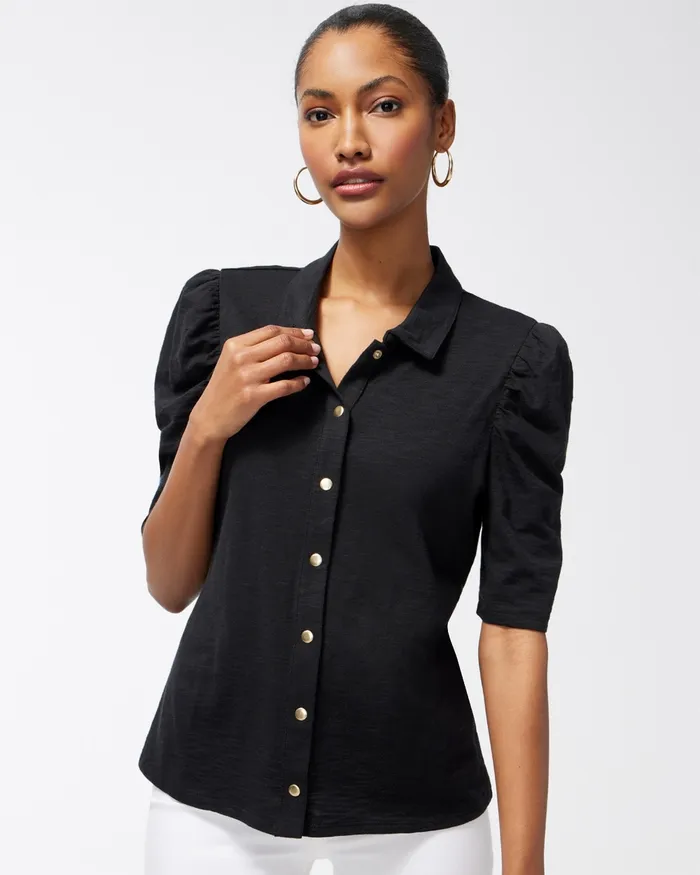 Chico039s Button Front Henley Top Black Women Tees