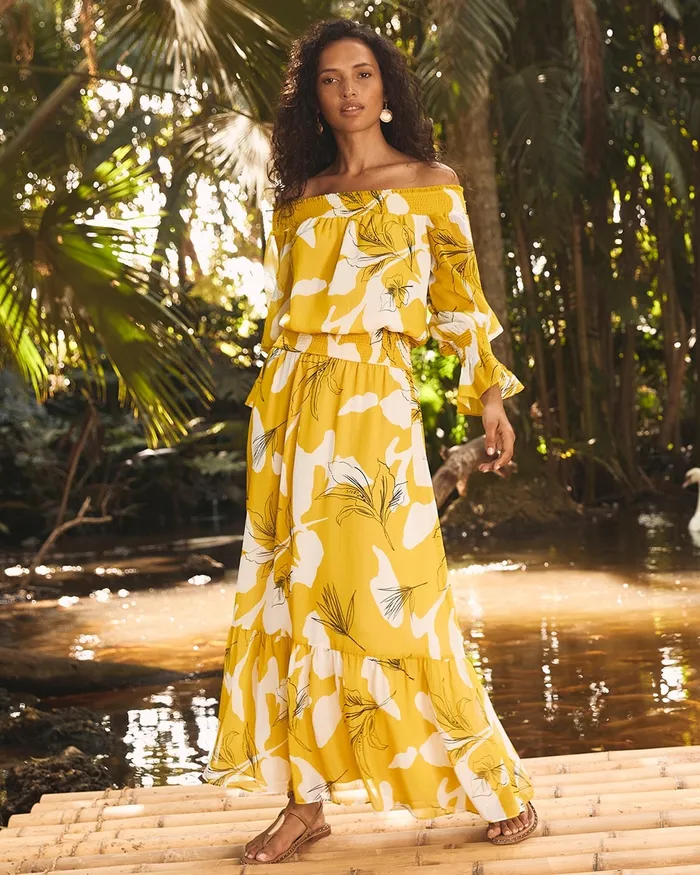 Chico039s Chiffon Off Shoulder Yellow Maxi Dress Pineapple Women Dresses and Skirts