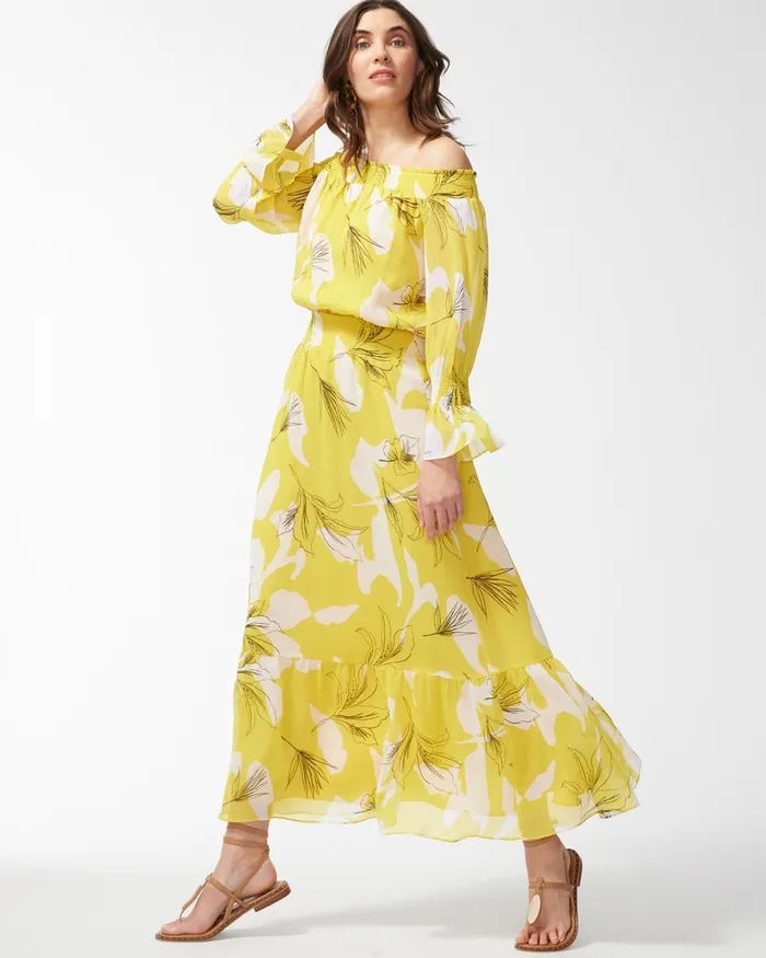 Chico039s Chiffon Off Shoulder Yellow Maxi Dress Pineapple Women Dresses and Skirts