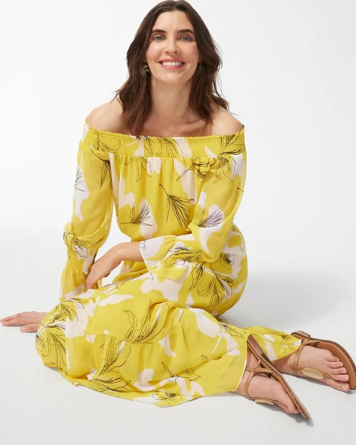 Chico039s Chiffon Off Shoulder Yellow Maxi Dress Pineapple Women Dresses and Skirts