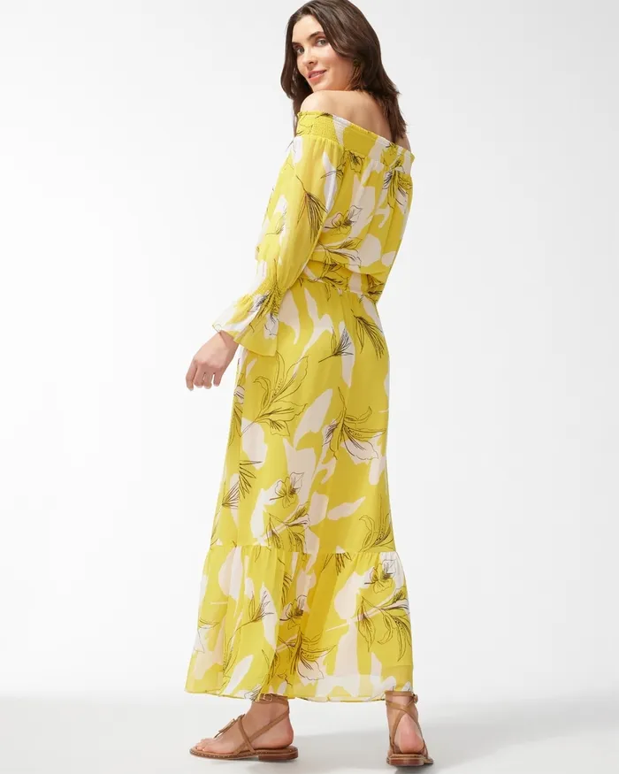 Chico039s Chiffon Off Shoulder Yellow Maxi Dress Pineapple Women Dresses and Skirts