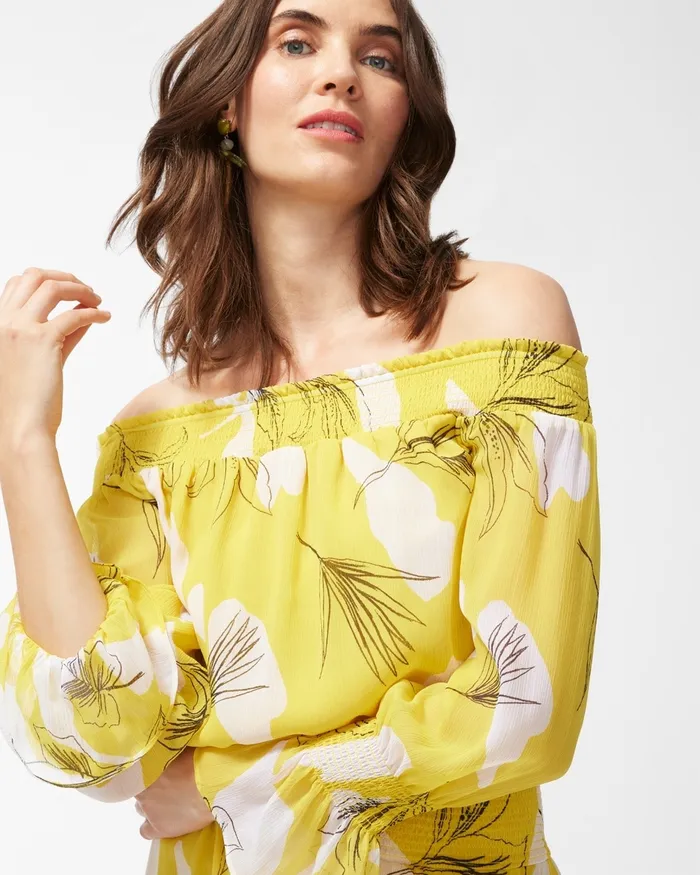 Chico039s Chiffon Off Shoulder Yellow Maxi Dress Pineapple Women Dresses and Skirts