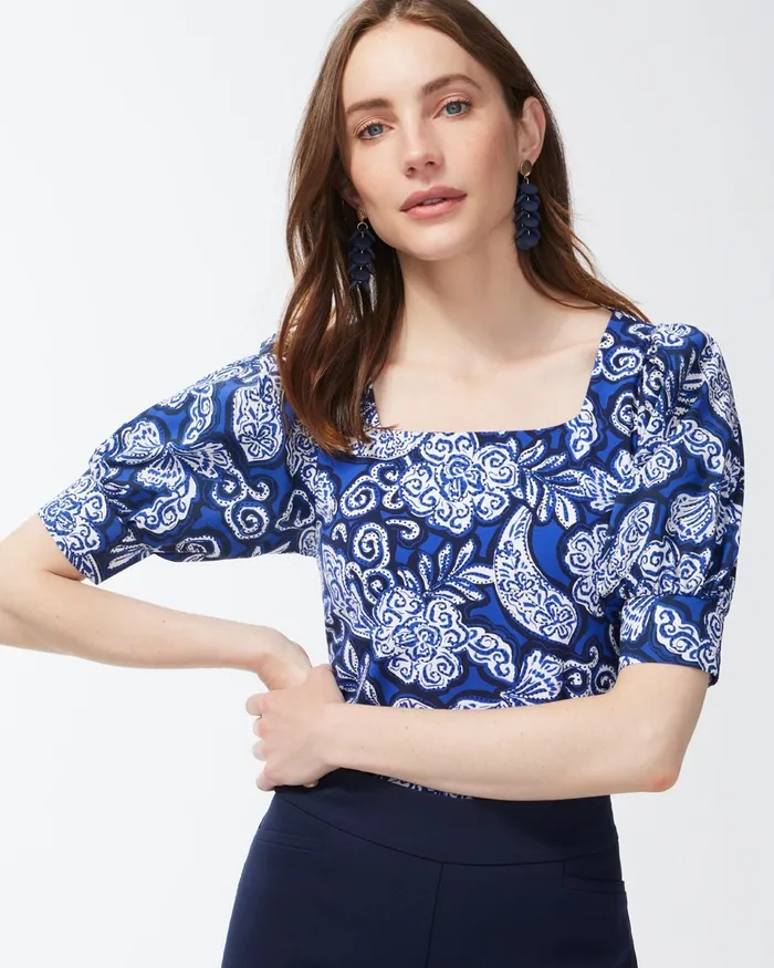 Chico039s Cool Paisley Square Neck Top Blue Grotto Women Tees