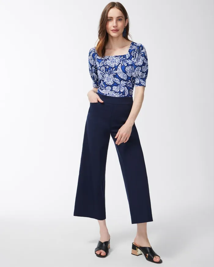 Chico039s Cool Paisley Square Neck Top Blue Grotto Women Tees